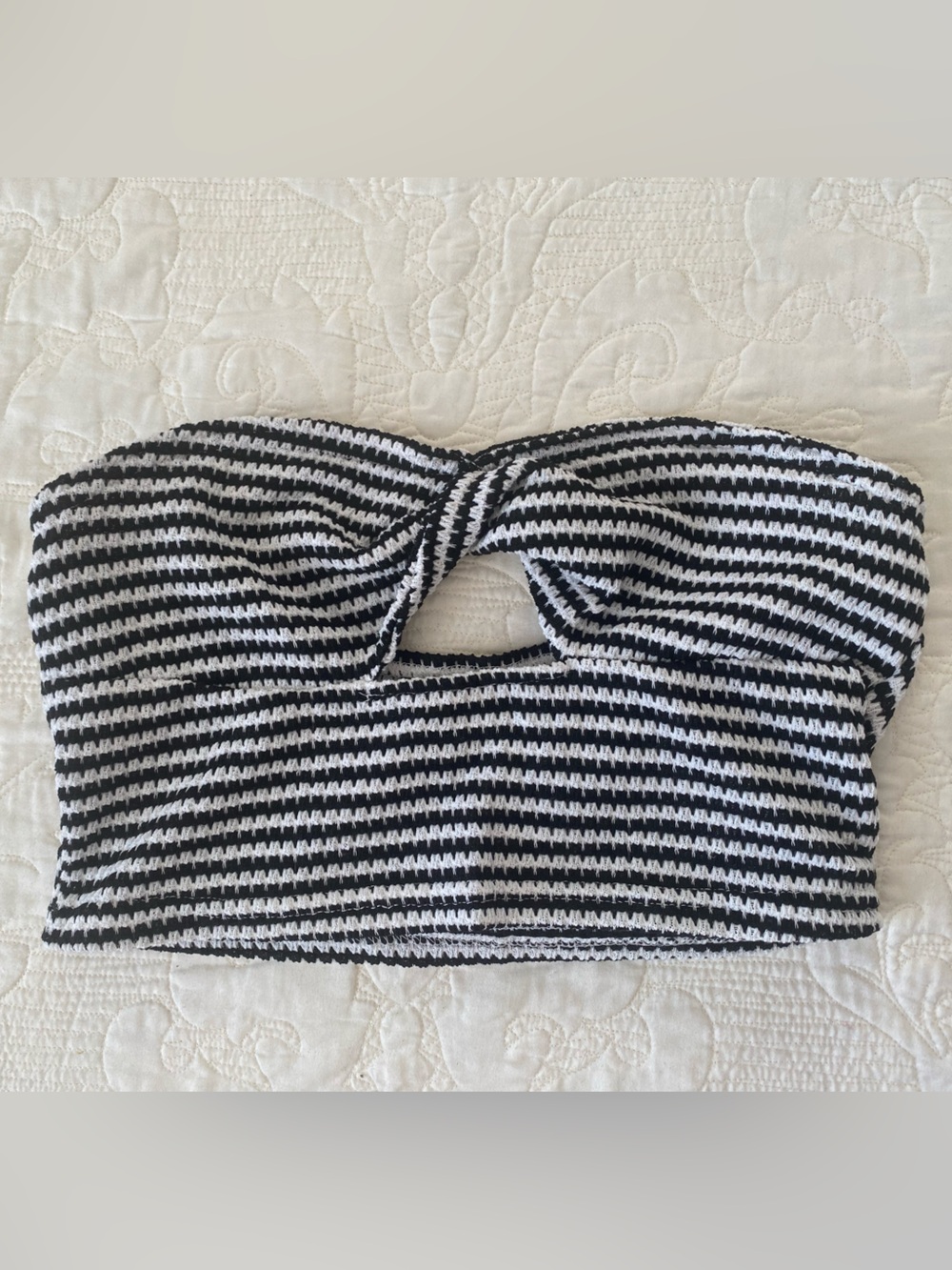Black & White Striped Twist-Front Crop Tube Top